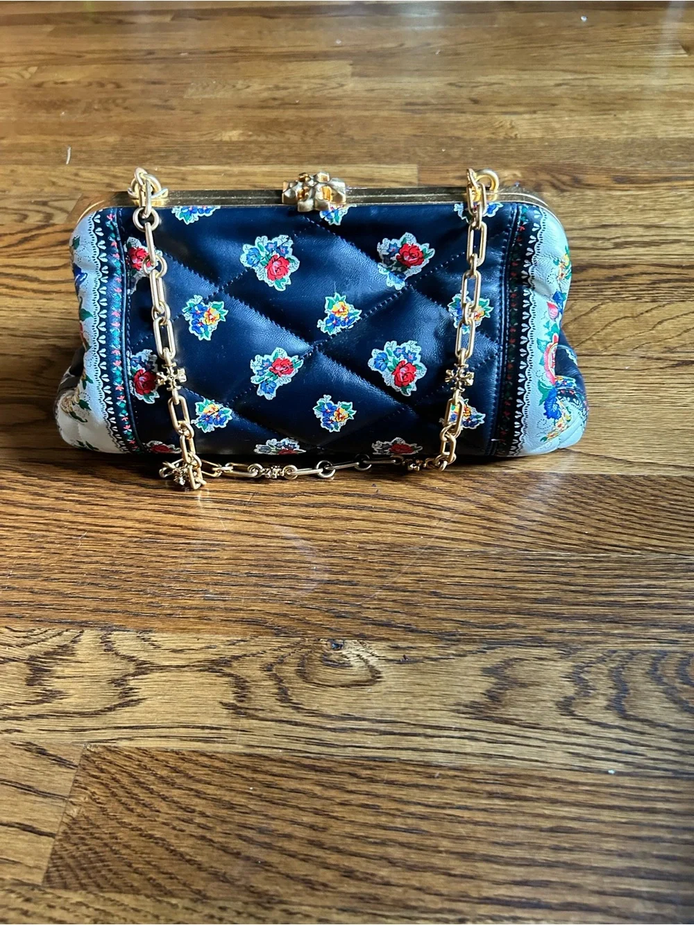 Tory Burch Navy Floral Quilted Frame Crossbody Bag Gold Chain Includes Gift Box